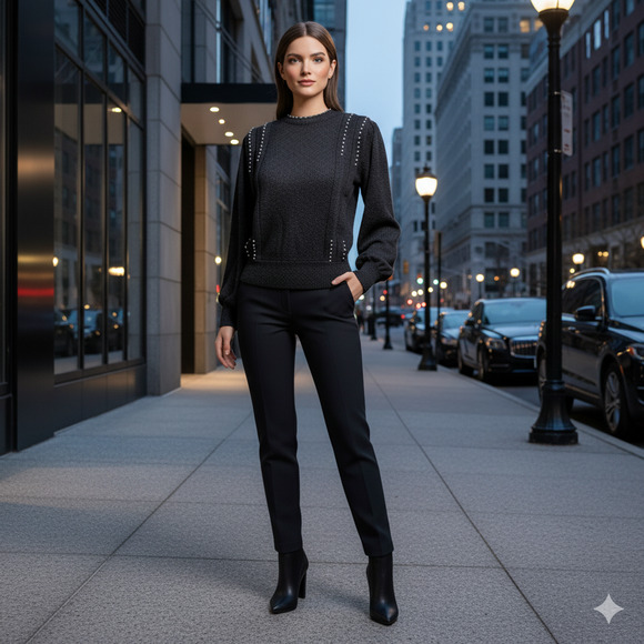 Vintage Donagain Black Beaded Pearl Accent Sweater Acrylic Knit Sz M - Picture 1 of 11